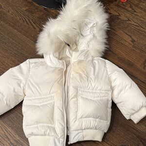 Ivory Puffer Jacket with Faux Fur Hood